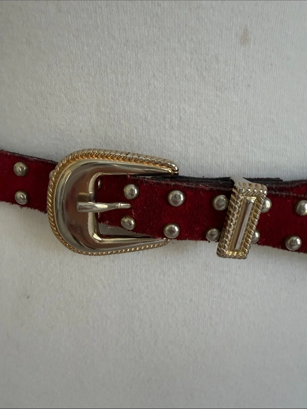 Studded Red Leather Waist Belt with Gold Buckle